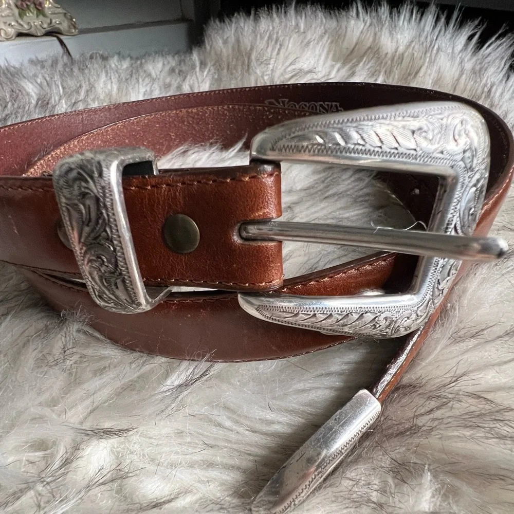 Nocona brown leather belt and ornate silver belt buckle